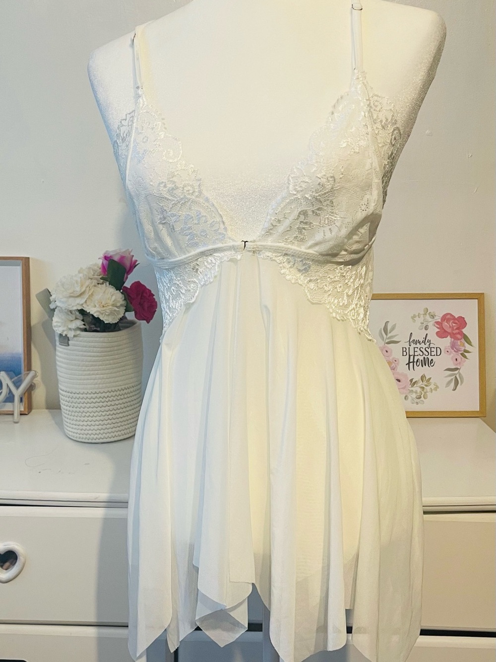 Sheer Lace Babydoll Chemise in White - Delicate Nightwear size L - Picture 10 of 13